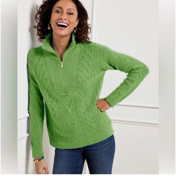 Talbots 1/4 Zip Cable Knit Lettuce Green Sweater Pullover Size Medium NWT - Picture 1 of 8